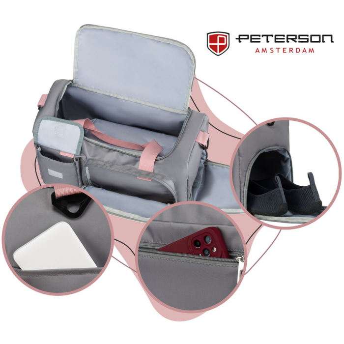 Geantă sport de călătorie din poliester, în culori gri și roz, cu închidere cu fermoar - Peterson PTR-PTN 23032-8274 GRA-P [3]