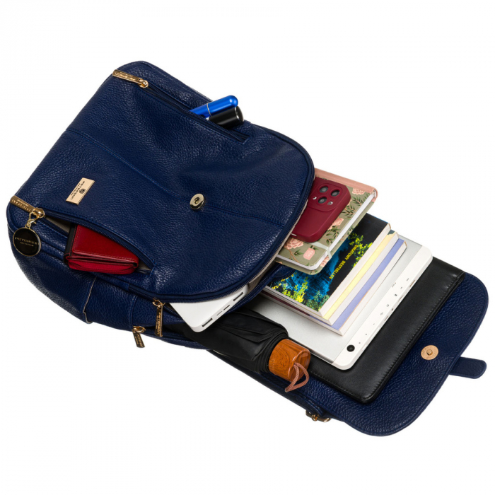 Rucsac elegant de damă bleumarin cu clapă decorată cu accesorii aurii, piele ecologică Peterson PTR-PTN SPY-2-F19 NAVY [11]