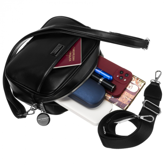 Geantă crossbody neagră, clasică, pentru femei, din piele ecologică, cu două curea inclusă, Peterson PTR-PTN STY-2-PIL BLACK [11]
