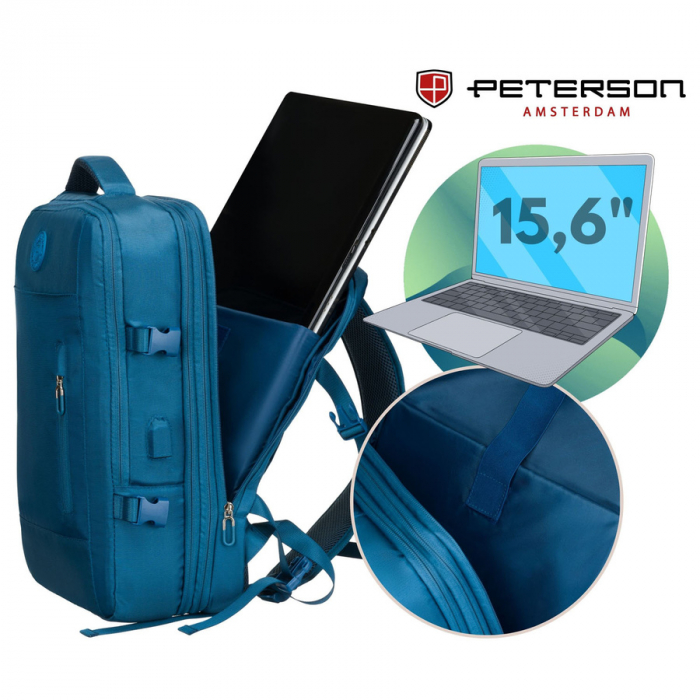 Rucsac de călătorie albastru, perfect pentru bagajul de mână și echipat cu curele de compresie - Peterson PTR-PTN 24421-5104 BLUE [14]