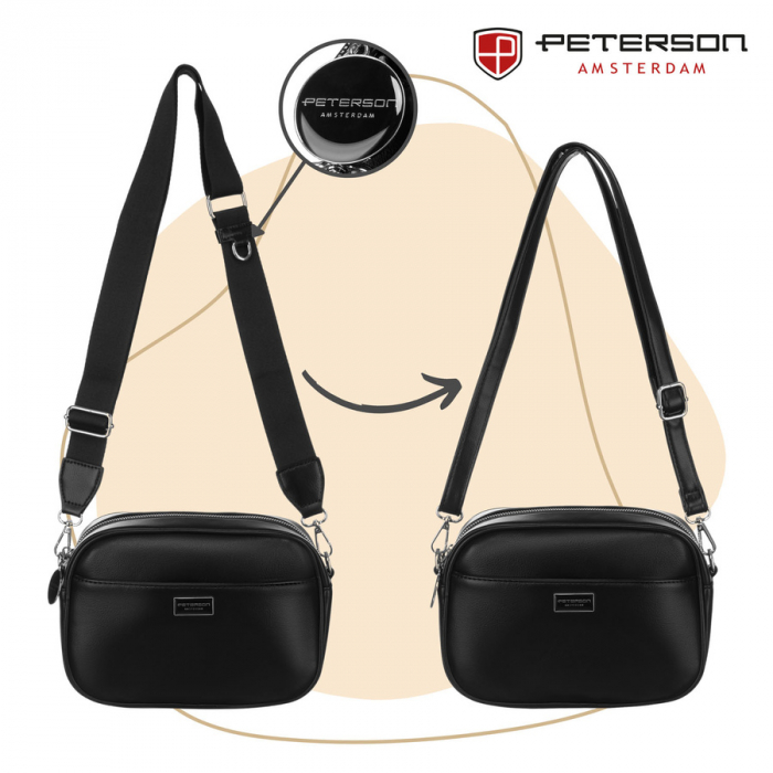 Geantă crossbody neagră, clasică, pentru femei, din piele ecologică, cu două curea inclusă, Peterson PTR-PTN STY-2-PIL BLACK [10]