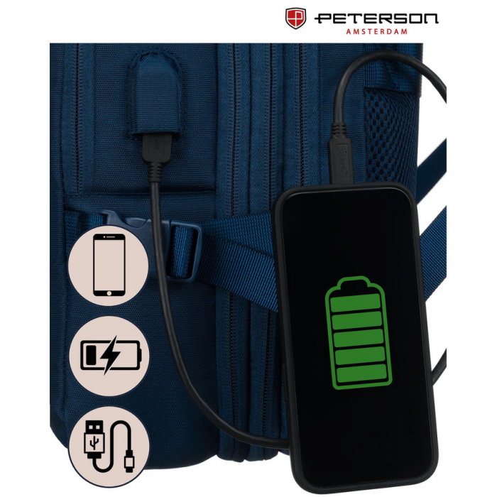 Rucsac de călătorie bleumarin cu port USB - Peterson PTR-PTN 24421-5098 NAVY [31]