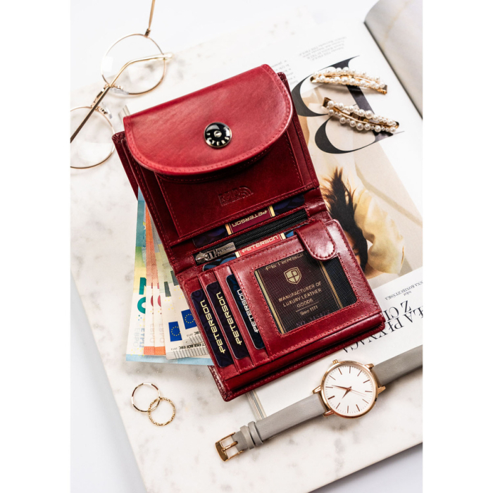 Portofel de damă din piele naturală, de culoare roșie, cu închidere cu capsă - Peterson PTR-PTN 70614-9-TVT RED [7]