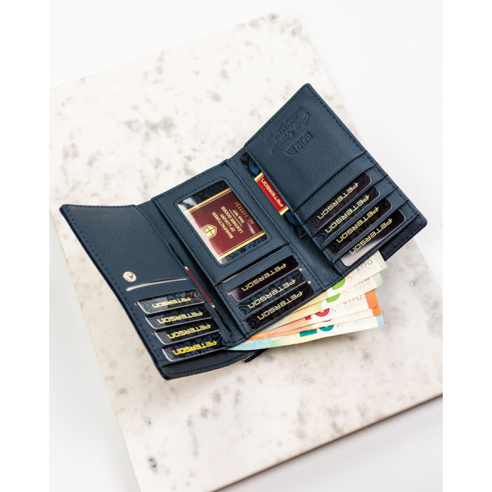 Portofel de damă din piele naturală și ecologică de culoare bleumarin, cu închidere cu capsă și clemă - Peterson PTR-PTN PX23-F773 NAVY [7]