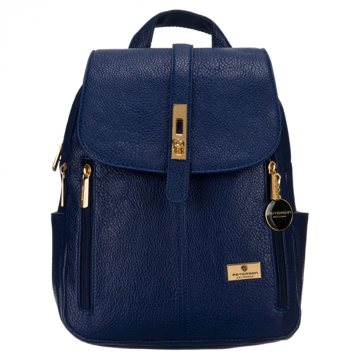 Rucsac elegant de damă bleumarin cu clapă decorată cu accesorii aurii, piele ecologică Peterson PTR-PTN SPY-2-F19 NAVY [1]