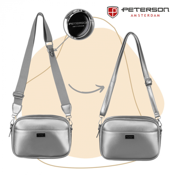Geantă de damă la modă, argintie, cu curea lată și îngustă, set Peterson PTR-PTN STY-2-PIL SILVER [10]