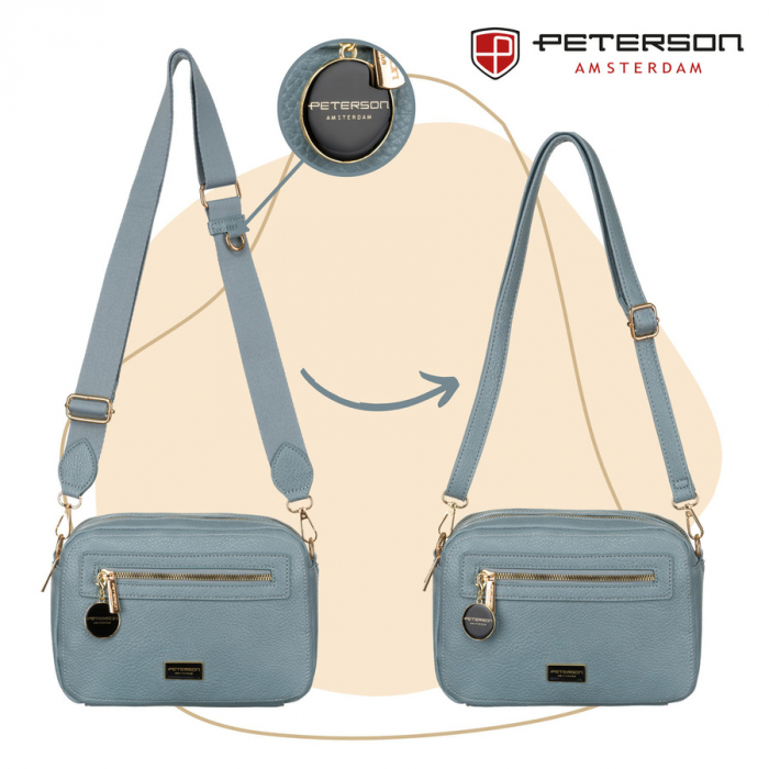 Geantă de damă albastră la modă, cu două curele de umăr și breloc, piele ecologică, Peterson PTR-PTN STY-1-F19 BLUE [10]