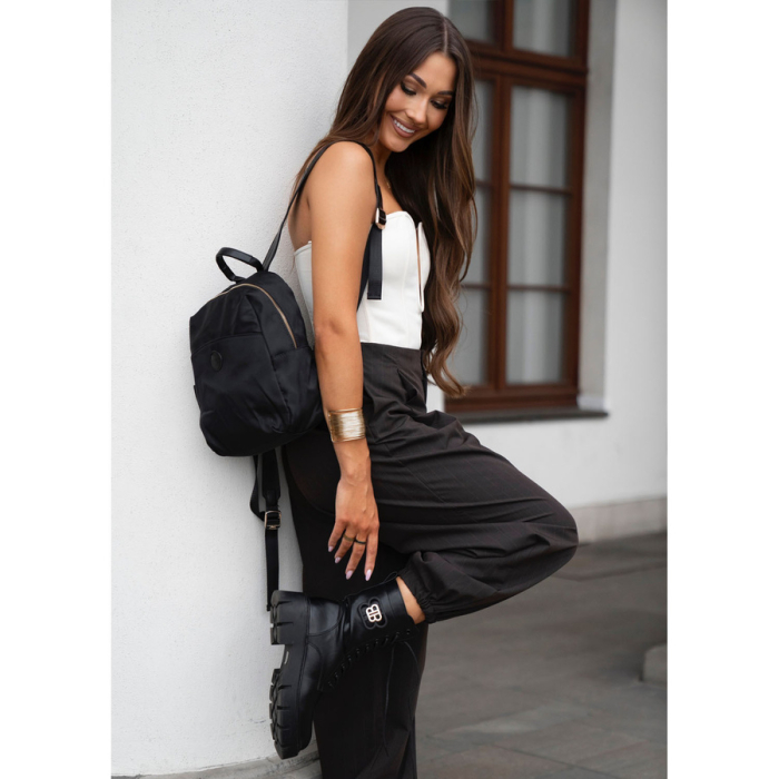 Rucsac urban pentru femei, confecționat din nailon și piele ecologică, de culoare neagră, cu fermoar - Peterson PTR-PTN JN-17-0412 BLACK [11]