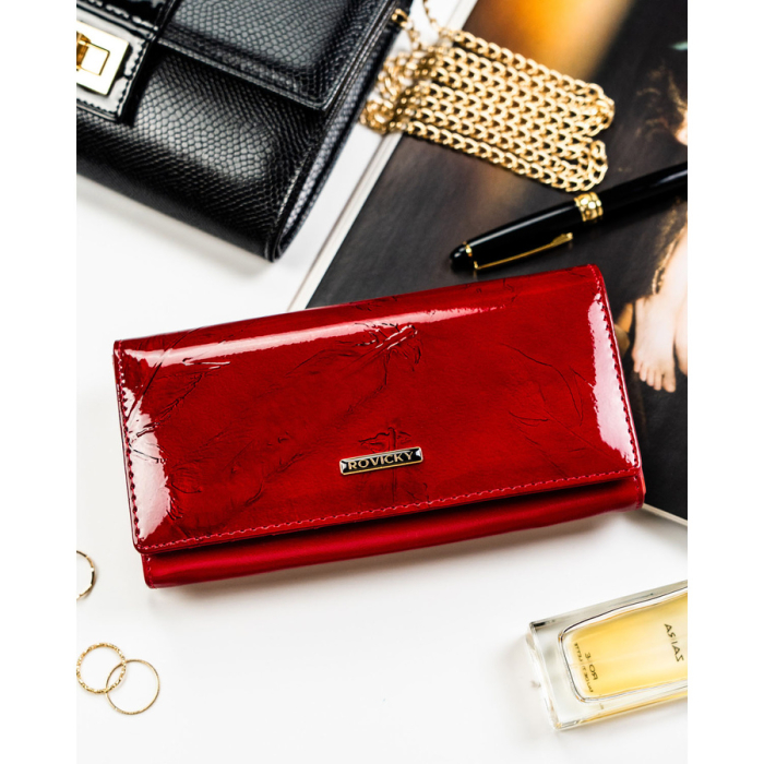 Portofel mare de damă din piele lăcuită roșie, confecționat din piele naturală și ecologică, protecție RFID - Rovicky PTR-RPN-28-YM-5838 [3]