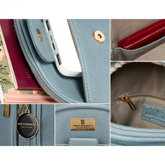 Geantă mică elegantă de damă, albastră, din piele ecologică, decorată cu accesorii aurii, geantă crossbody Peterson PTR-PTN SSY-1-F19 BLUE [8]