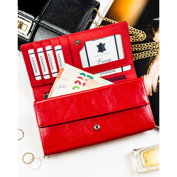 Portofel mare de damă din piele lăcuită roșie, confecționat din piele naturală și ecologică, protecție RFID - Rovicky PTR-RPN-28-YM-5838 [6]