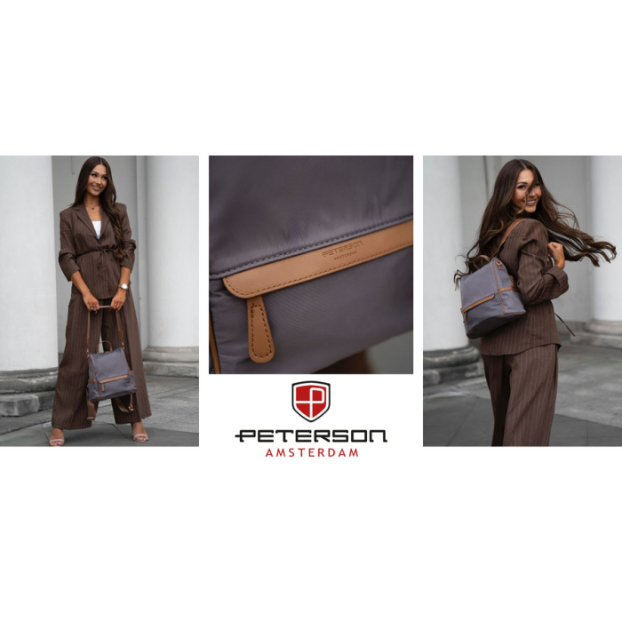 Rucsac gri de damă din nailon și piele ecologică cu curea detașabilă, compartiment unic - Peterson PTR-PTN JN-12-0238 GRAY [12]