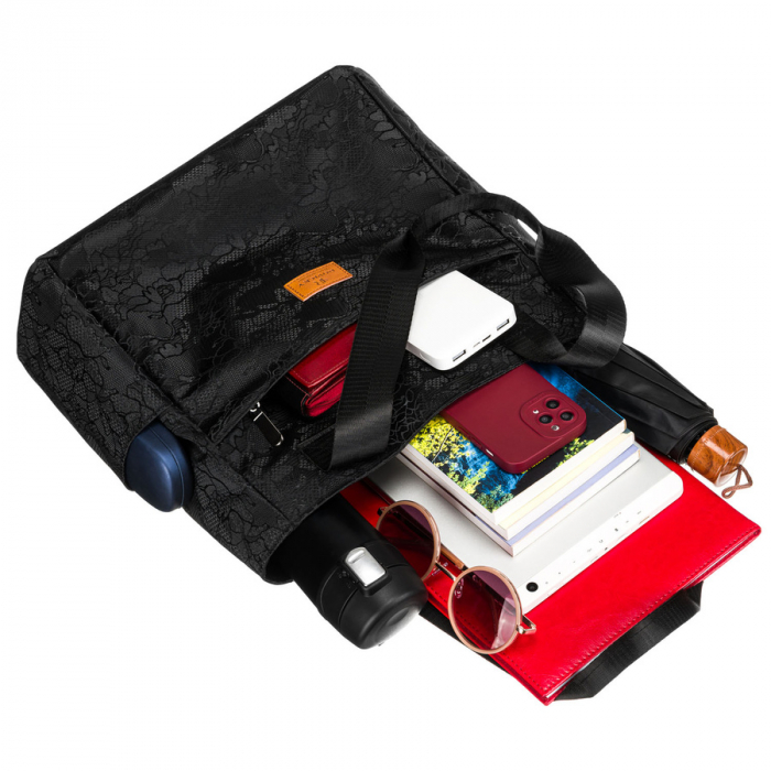Geantă de damă neagră din poliester cu mânere confortabile și buzunar exterior cu fermoar - Rovicky PTR-R-TZ-01-2370 BLACK W [8]