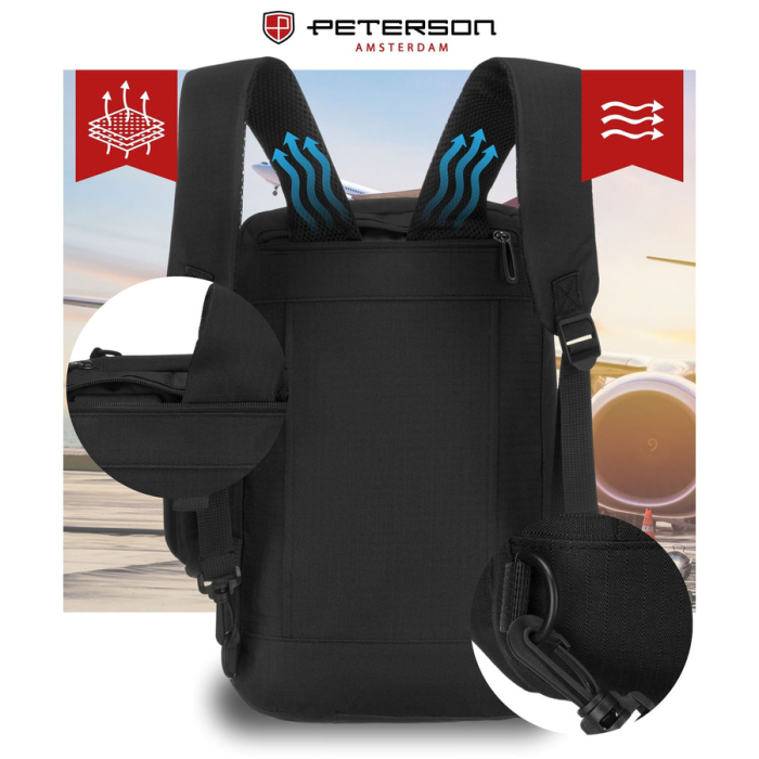 Rucsac de călătorie negru cu închidere cu fermoar, perfect pentru bagajul de mână - Peterson PTR-PTN WRONA-9638 BLACK [5]