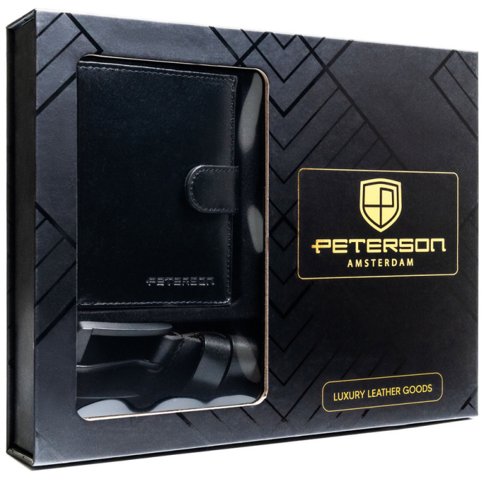 Set cadou: portofel vertical bărbătesc de culoare neagră și curea din piele naturală cu cataramă clasică - Peterson [2]