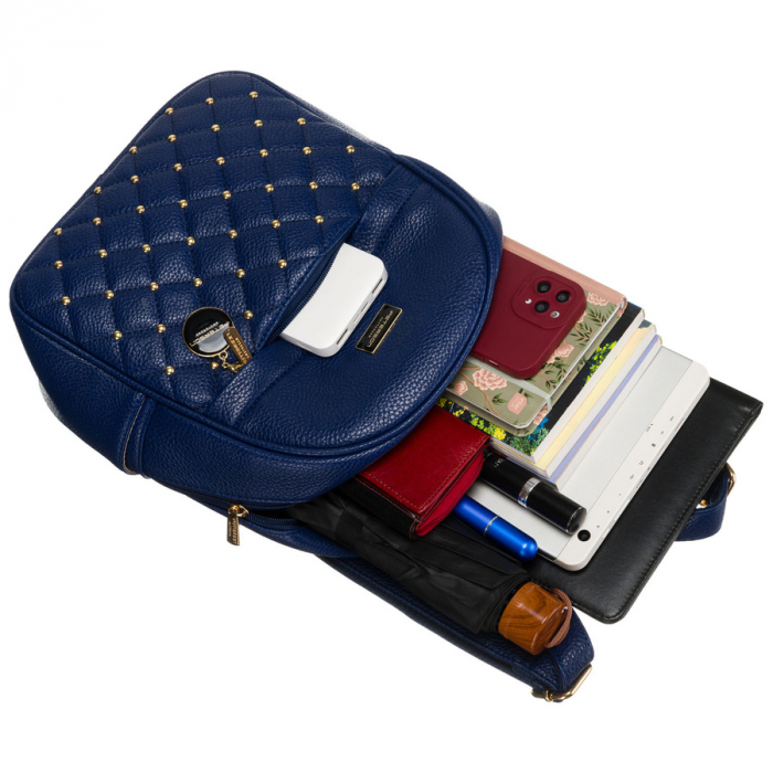 Rucsac de damă matlasat, la modă, bleumarin, decorat cu nituri aurii, piele ecologică Peterson PTR-PTN SPY-1-F19 NAVY [9]