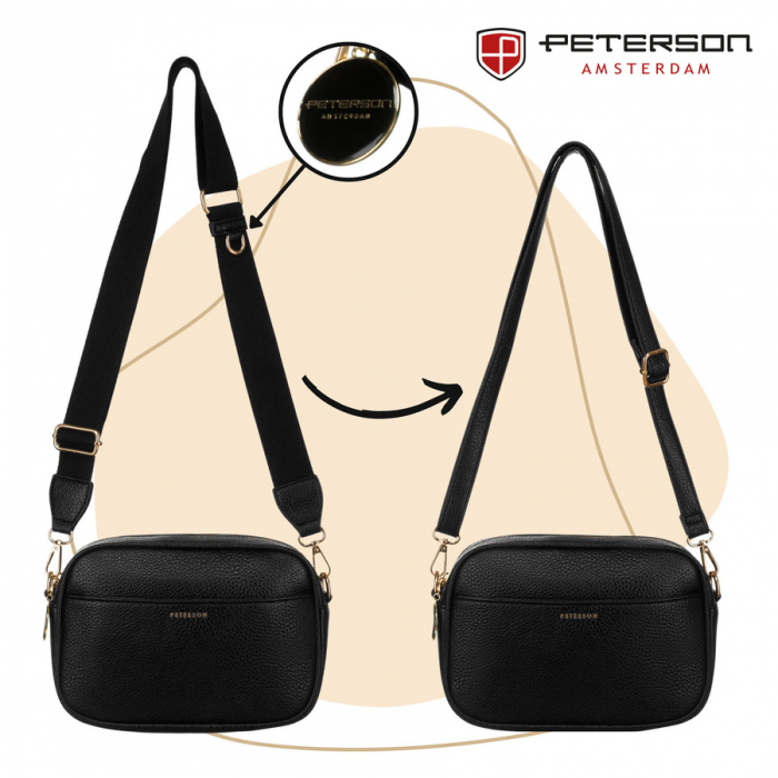 Geantă de damă messenger clasică neagră cu un singur compartiment, din piele ecologică și două curele de umăr Peterson PTR-PTN STY-2-F19 BLACK [10]
