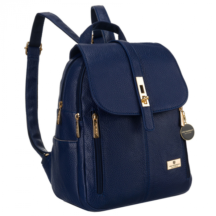 Rucsac elegant de damă bleumarin cu clapă decorată cu accesorii aurii, piele ecologică Peterson PTR-PTN SPY-2-F19 NAVY [2]