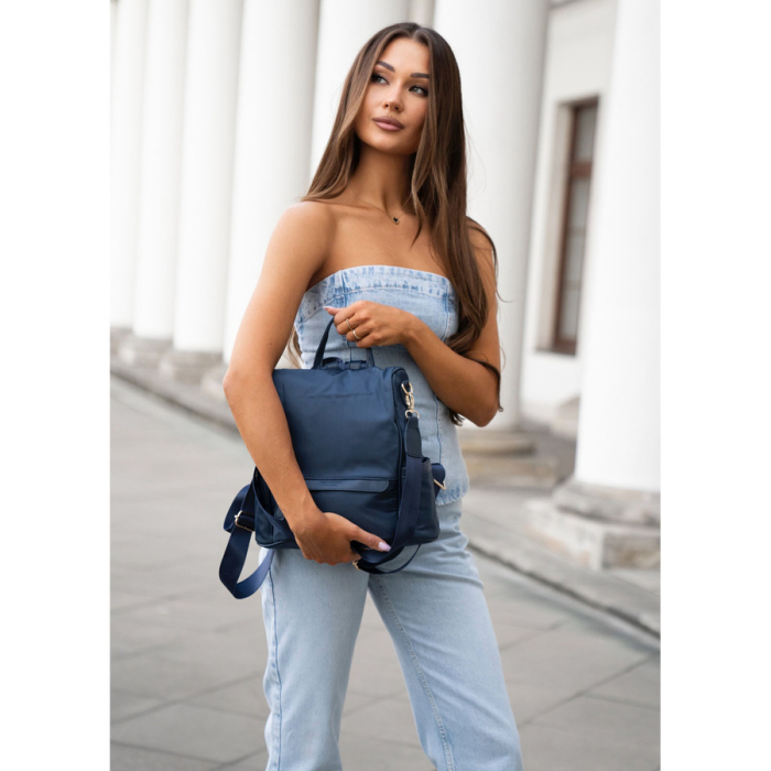 Rucsac de damă din nailon și piele ecologică de culoare bleumarin, cu închidere cu fermoar - Peterson PTR-PTN JN-12-0207 NAVY [5]
