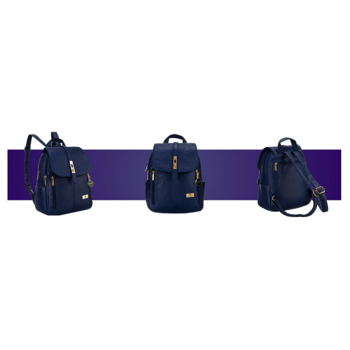 Rucsac elegant de damă bleumarin cu clapă decorată cu accesorii aurii, piele ecologică Peterson PTR-PTN SPY-2-F19 NAVY [3]