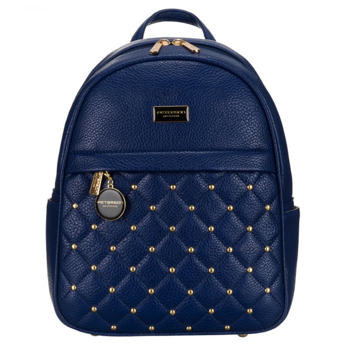 Rucsac de damă matlasat, la modă, bleumarin, decorat cu nituri aurii, piele ecologică Peterson PTR-PTN SPY-1-F19 NAVY [1]