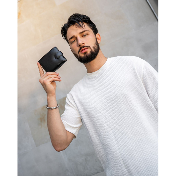 Set cadou: portofel orizontal bărbătesc din piele neagră cu sistem RFID și curea din piele ecologică - Peterson [2]
