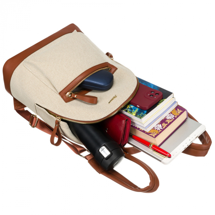 Rucsac mare, urban, pentru femei, în culorile bej și maro, cu buzunar exterior - Peterson PTR-PTN CAN-05 NAT-BROWN [8]