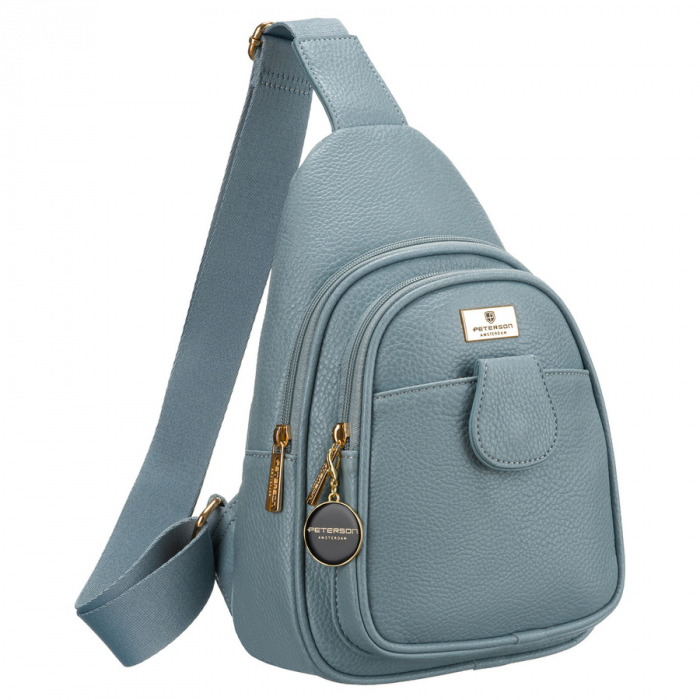 Geantă mică elegantă de damă, albastră, din piele ecologică, decorată cu accesorii aurii, geantă crossbody Peterson PTR-PTN SSY-1-F19 BLUE [2]