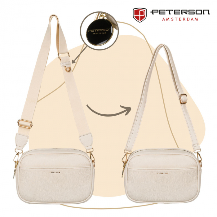 Geantă elegantă de damă bej cu accesorii aurii, două curea de umăr, piele ecologică Peterson PTR-PTN STY-2-F19 L.BEIG [10]