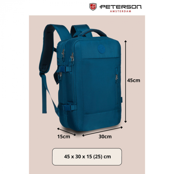 Rucsac de călătorie albastru, perfect pentru bagajul de mână și echipat cu curele de compresie - Peterson PTR-PTN 24421-5104 BLUE [3]