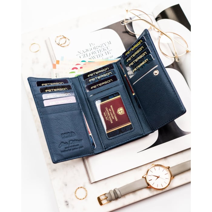 Portofel de damă din piele naturală și ecologică de culoare bleumarin, cu închidere cu capsă și clemă - Peterson PTR-PTN PX23-F773 NAVY [6]