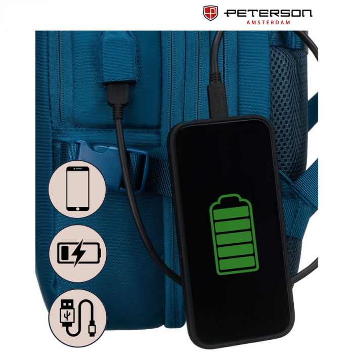 Rucsac de călătorie albastru, perfect pentru bagajul de mână și echipat cu curele de compresie - Peterson PTR-PTN 24421-5104 BLUE [31]