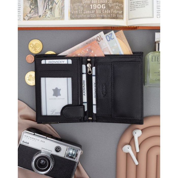 Portofel mare bărbătesc din piele neagră, fără închidere exterioară - 4U Cavaldi PTR-N4-P-PDM-BL BLACK [5]