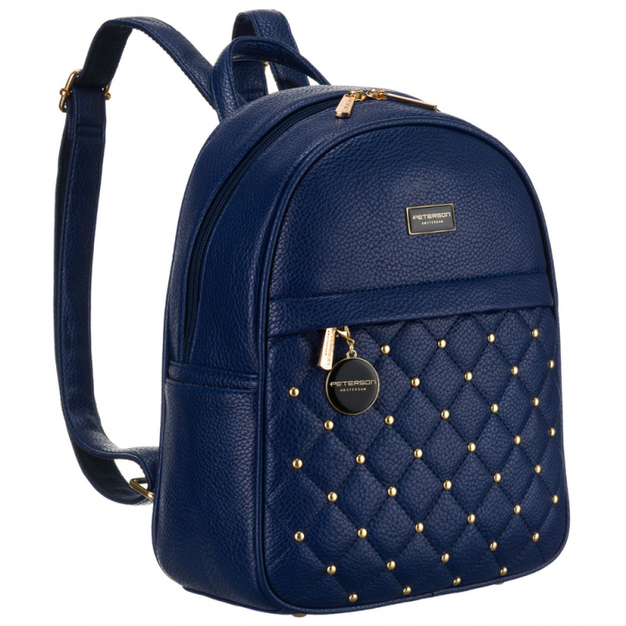 Rucsac de damă matlasat, la modă, bleumarin, decorat cu nituri aurii, piele ecologică Peterson PTR-PTN SPY-1-F19 NAVY [2]