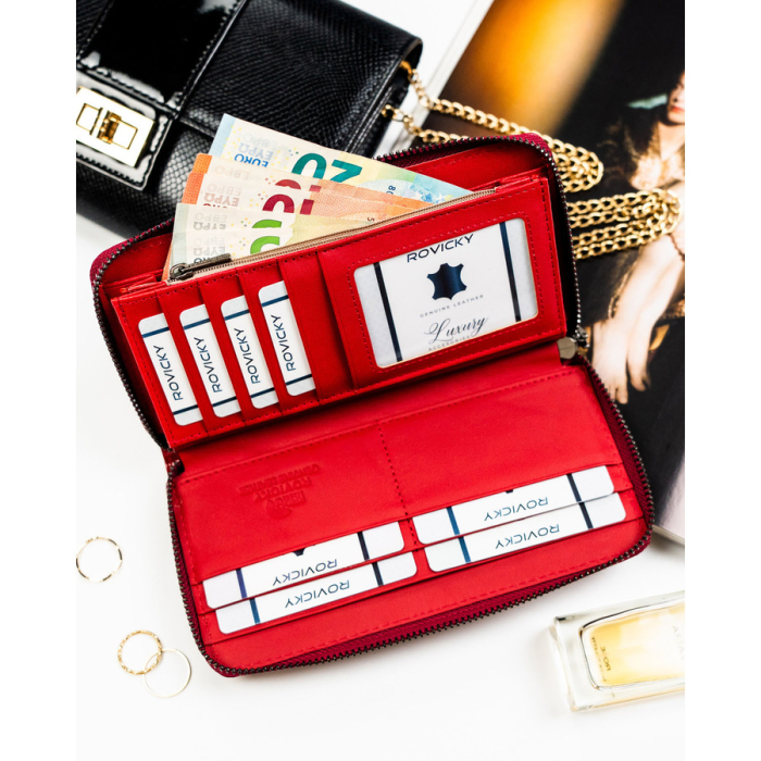 Portofel mare de damă cu fermoar, roșu, piele lăcuită, naturală și ecologică, RFID STOP - Rovicky PTR-RPN-25-YM-5814 [6]