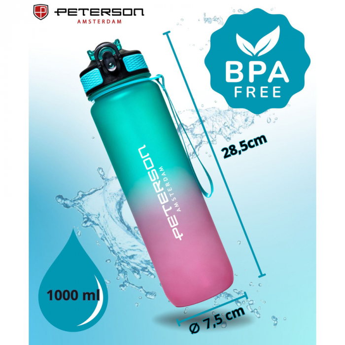 Sticlă de apă din tritan roz și verde cu pai și șnur - Peterson PTR-PTN HY-8014-1L-9584 [2]