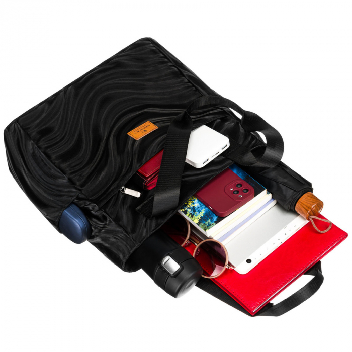 Geantă mare de damă din poliester negru cu model ondulat - Rovicky PTR-R-TZ-01-2394 BLACK W [8]