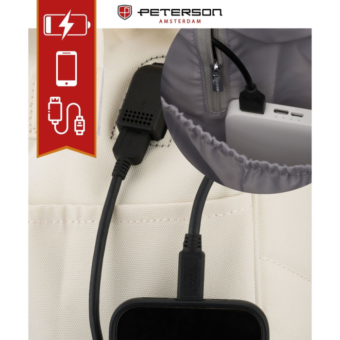 Rucsac ecru pentru femei din poliester cu compartiment pentru laptop și port USB - Peterson PTR-PTN BETA ECRU [12]