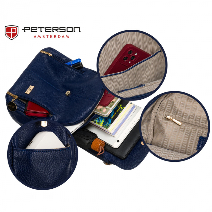 Rucsac elegant de damă bleumarin cu clapă decorată cu accesorii aurii, piele ecologică Peterson PTR-PTN SPY-2-F19 NAVY [10]