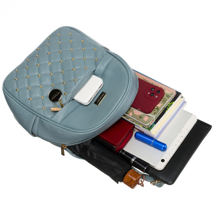Rucsac matlasat albastru, la modă, pentru femei, cu nituri aurii și breloc la modă, piele ecologică, Peterson PTR-PTN SPY-1-F19 BLUE [9]
