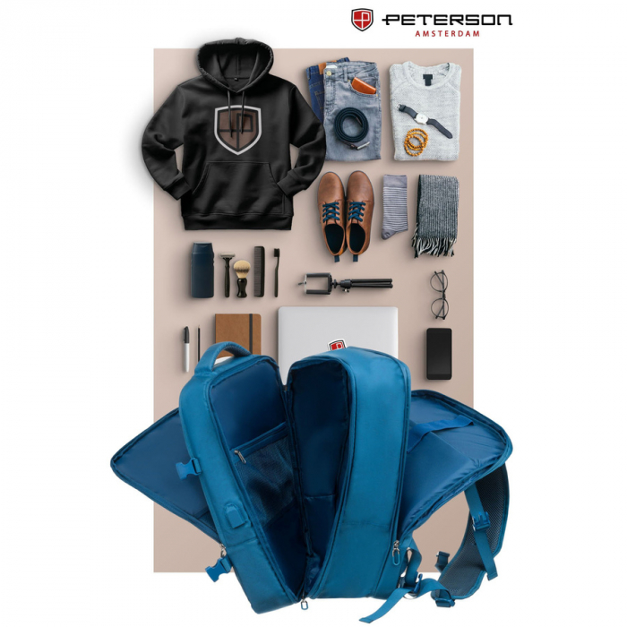 Rucsac de călătorie albastru, perfect pentru bagajul de mână și echipat cu curele de compresie - Peterson PTR-PTN 24421-5104 BLUE [15]