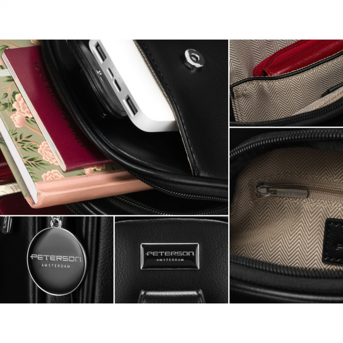 Geantă funcțională neagră pentru femei cu curea lată reglabilă, geantă crossbody, piele ecologică, Peterson PTR-PTN SSY-1-PIL BLACK [8]