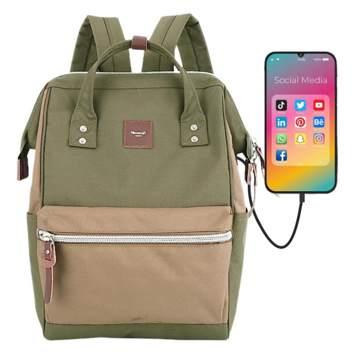 Rucsac pentru laptop impermeabil Himawari verde și maro cu port USB PTR-1881-35(1) [7]