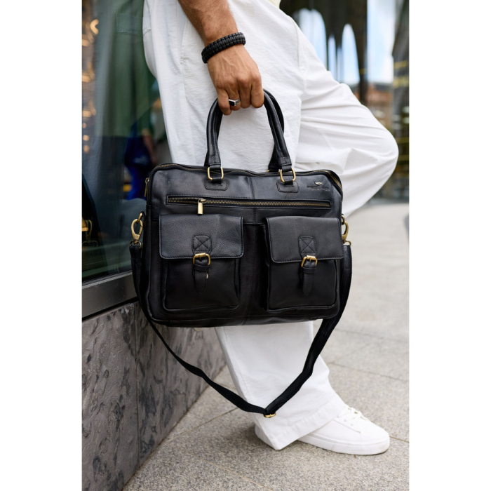 Geantă de laptop pentru bărbați, din piele naturală, de culoare neagră - Peterson PTR-PTN LAP-15601-NDM [5]