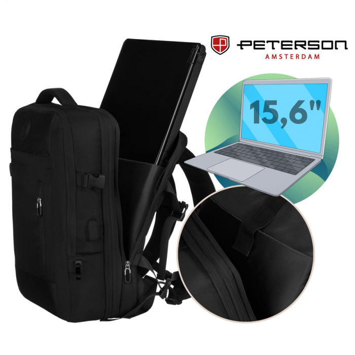 Rucsac negru de călătorie, perfect pentru bagajul de mână în avion - Peterson PTR-PTN 24421-5074 BLACK [14]