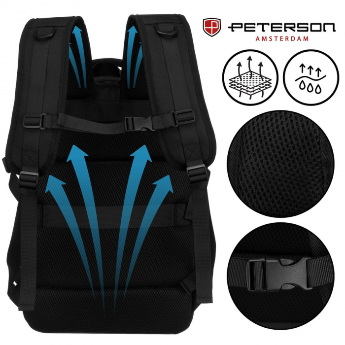 Rucsac negru de călătorie, perfect pentru bagajul de mână în avion - Peterson PTR-PTN 24421-5074 BLACK [8]