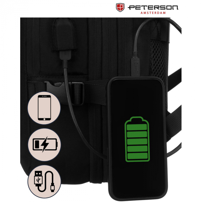 Rucsac negru de călătorie, perfect pentru bagajul de mână în avion - Peterson PTR-PTN 24421-5074 BLACK [18]