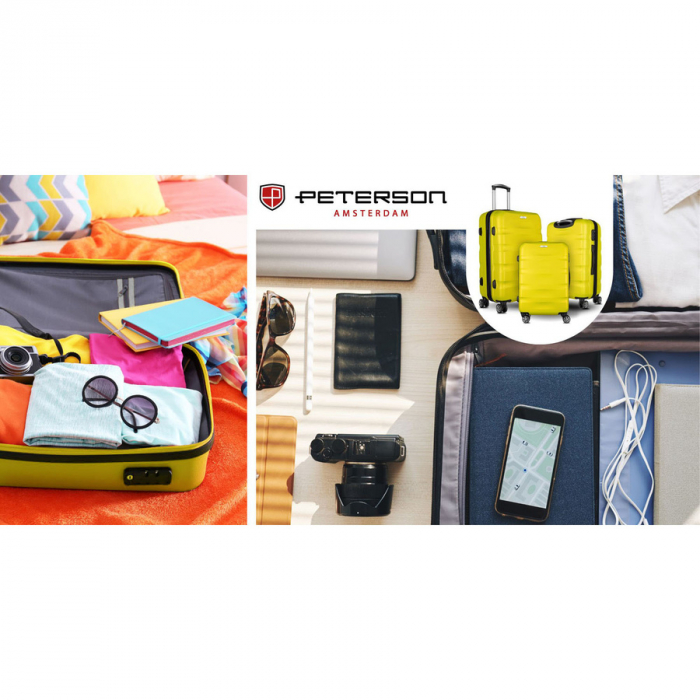 Troler de călătorie galben, mare, din ABS+, cu mâner telescopic extensibil și lacăt cu combinație - Peterson PTR-PTN 5806-W-L-4442 YE [11]