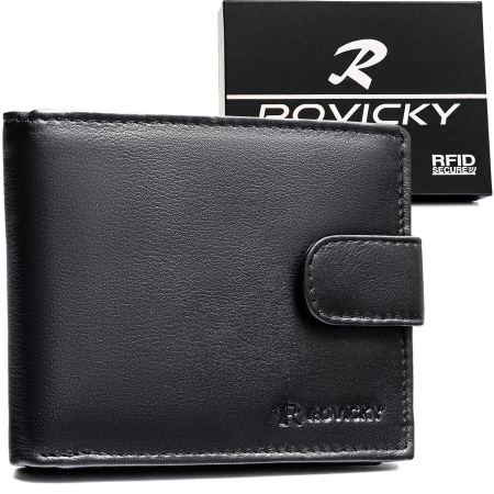 Wallets & Money Clips - Portofel bărbătesc mare, negru, din piele naturală, cu sistem RFID și închidere cu capsă - Rovicky PTR-0670L-RVD-0222 BLACK