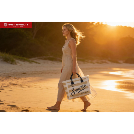 Geantă mare de plajă cu fermoar, albă și bej, geantă shopper - Peterson PTR-PTN MX05-M-WHITE-BEI [18]